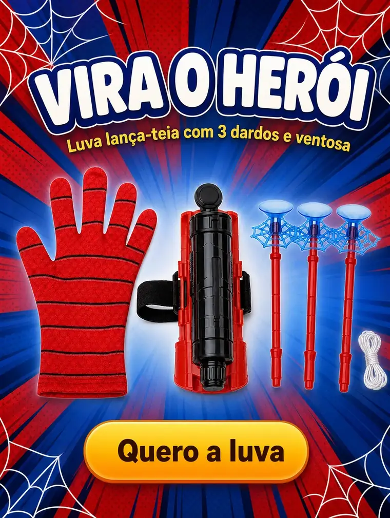 Vira o herói: luva lança-teia com 3 dardos e ventosa. Quero a luva.