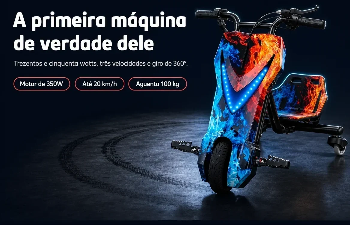 A primeira máquina de verdade dele: motor de 350W, três velocidades e giro de 360°