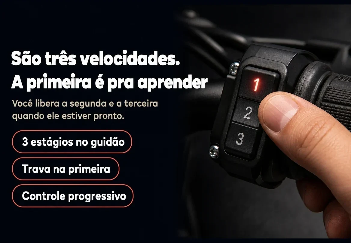 São três velocidades e a primeira é pra aprender — você libera as outras quando ele estiver pronto