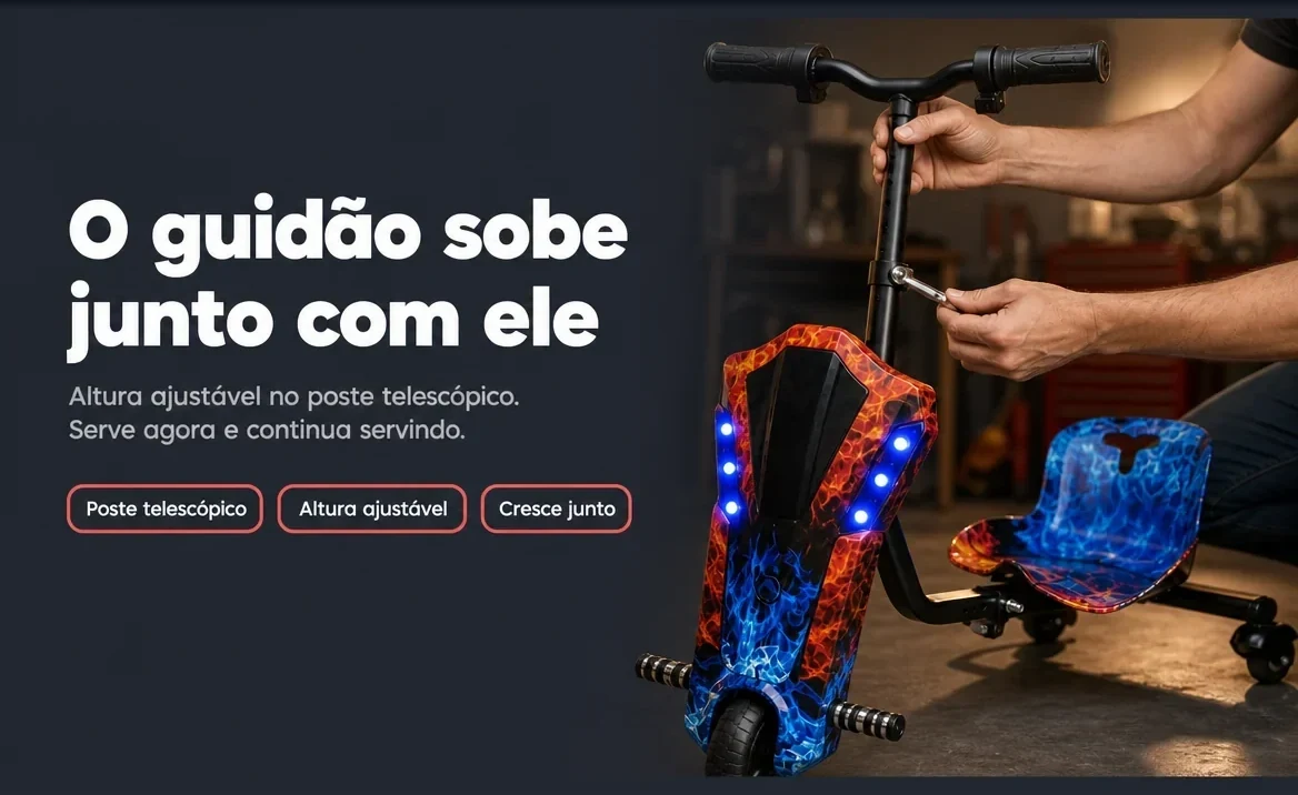 O guidão sobe junto com ele — poste telescópico com altura ajustável