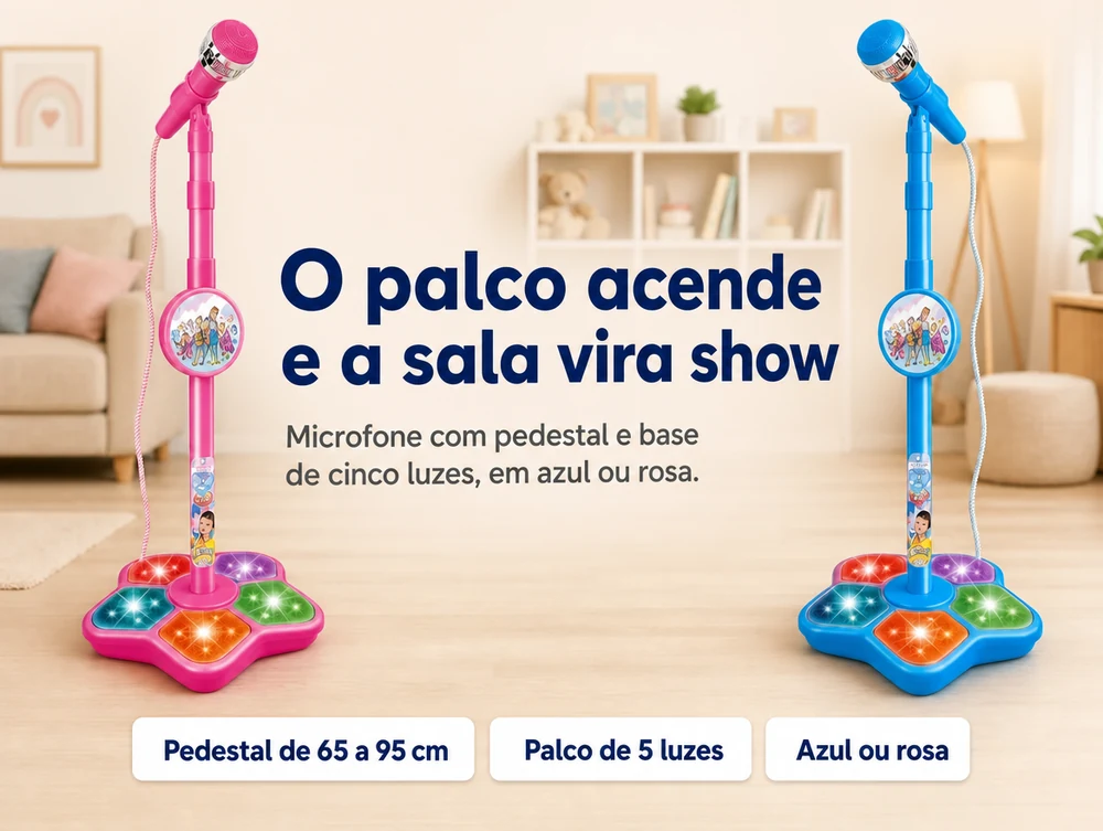 O palco acende e a sala vira show: microfone com pedestal e base de cinco luzes, em azul ou rosa — pedestal de 65 a 95 cm, palco de 5 luzes, azul ou rosa