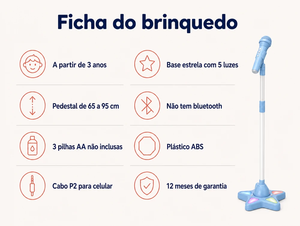 Ficha do brinquedo: a partir de 3 anos, pedestal de 65 a 95 cm, 3 pilhas AA não inclusas, cabo P2 para celular, base estrela com 5 luzes, não tem bluetooth, plástico ABS, 12 meses de garantia