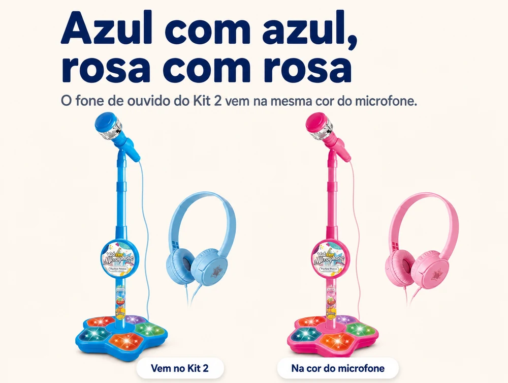 Azul com azul, rosa com rosa: o fone de ouvido do Kit 2 vem na mesma cor do microfone