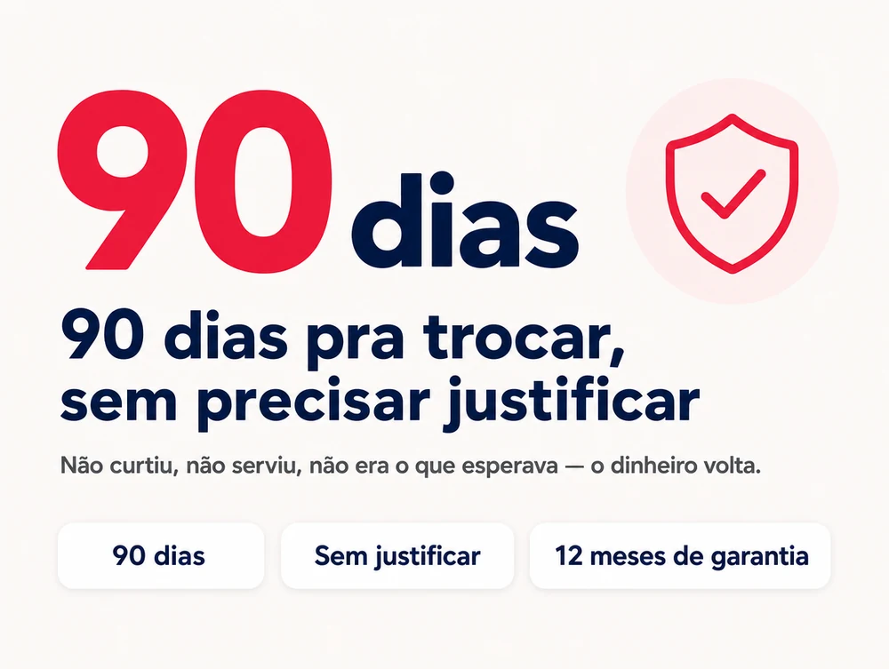 90 dias pra trocar, sem precisar justificar: não curtiu, não serviu, não era o que esperava — o dinheiro volta, com 12 meses de garantia