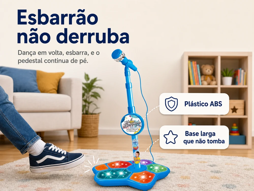 Esbarrão não derruba: dança em volta, esbarra, e o pedestal continua de pé — plástico ABS e base larga que não tomba
