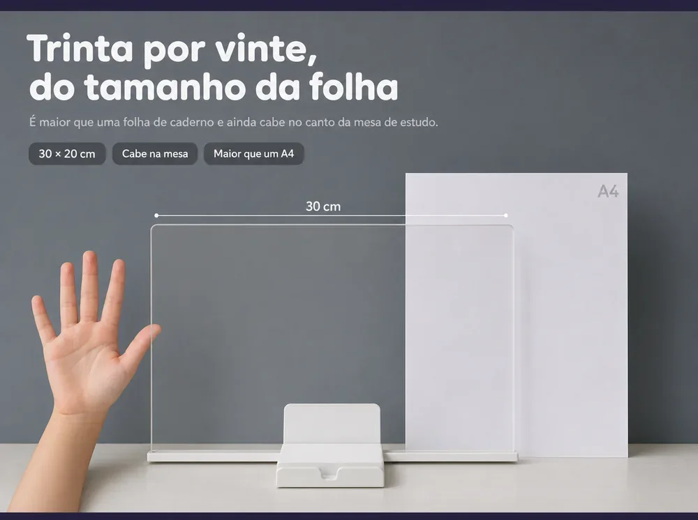 Trinta por vinte centímetros, maior que uma folha A4