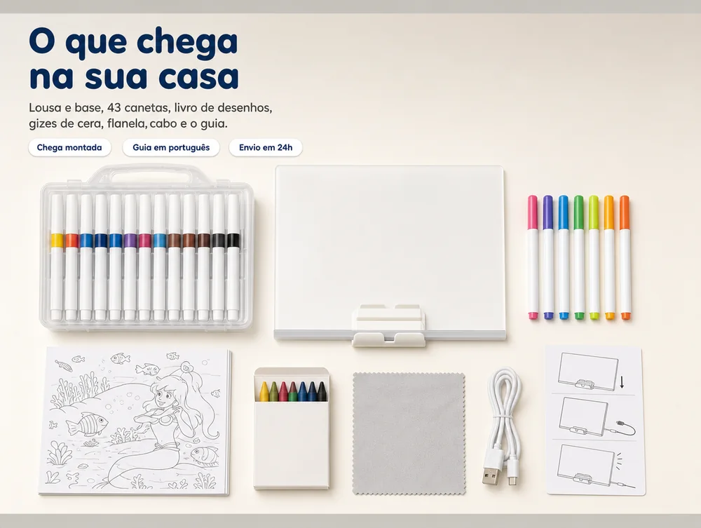 O que chega na sua casa: lousa e base, 43 canetas, livro, gizes, flanela, cabo e guia
