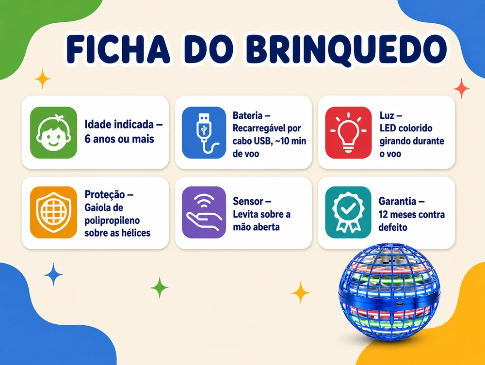 Ficha do brinquedo: 6 anos ou mais, bateria recarregável por cabo USB com cerca de 10 minutos de voo, LED colorido girando durante o voo, gaiola de polipropileno sobre as hélices, levita sobre a mão aberta, 12 meses de garantia